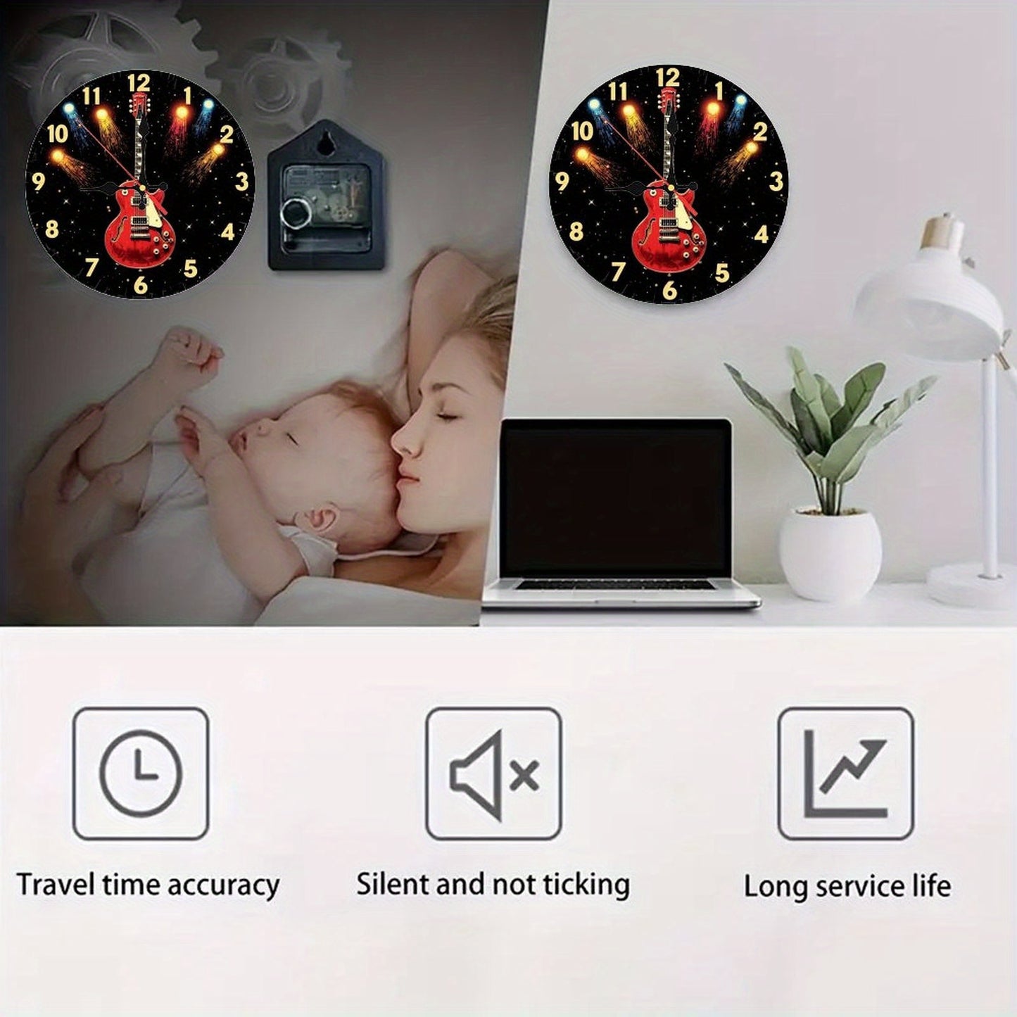 bell Z, 1pc Guitar Theme Wooden Wall Clock- Silent Non-Ticking Japanese Quartz Movement, AA Battery Powered(Not Included), Bright Red Electric Guitar and Fireworks Star Pattern, Round Shape Suitable for Living Room, Bedroom,