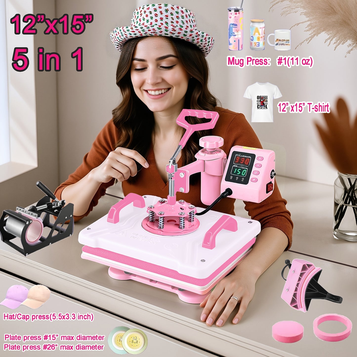 15x15 Inch 5-in-1 Set Heat Press Machine for Everything Transfers, Swing Away Press Machine for T Shirt, Bags, Pillows, Plates(6" And 8"), Tumblers, Mugs, Cups, Hats And Caps(5.5"x3") - Hat Heat Press - 3in 1 Can Only Press H