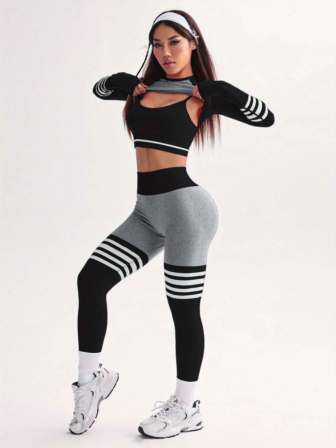 3pcs Women's Full Athletic Set - Seamless Striped Quick-Dry Sports Bra, Tight-Fitting Long Sleeve Gym Pants with Moai Panel Technology | High-Elasticity Moisture-Wicking Fabric for Running, Gymnastics, Training Outfit (All-Se