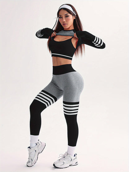 3pcs Women's Full Athletic Set - Seamless Striped Quick-Dry Sports Bra, Tight-Fitting Long Sleeve Gym Pants with Moai Panel Technology | High-Elasticity Moisture-Wicking Fabric for Running, Gymnastics, Training Outfit (All-Se