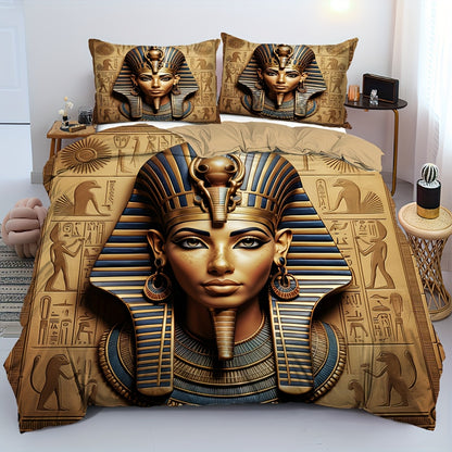 2/3pcs (1 Duvet Cover + 1/2 Pillowcase, Without Core) Duvet Cover Set, 3D Visual Effects Retro Egyptian Ancient Civilization Sphinx Pharaoh Worship Pictography Mysterious Print Soft Comfortable Bedding Set for Bedroom Dorm Ro