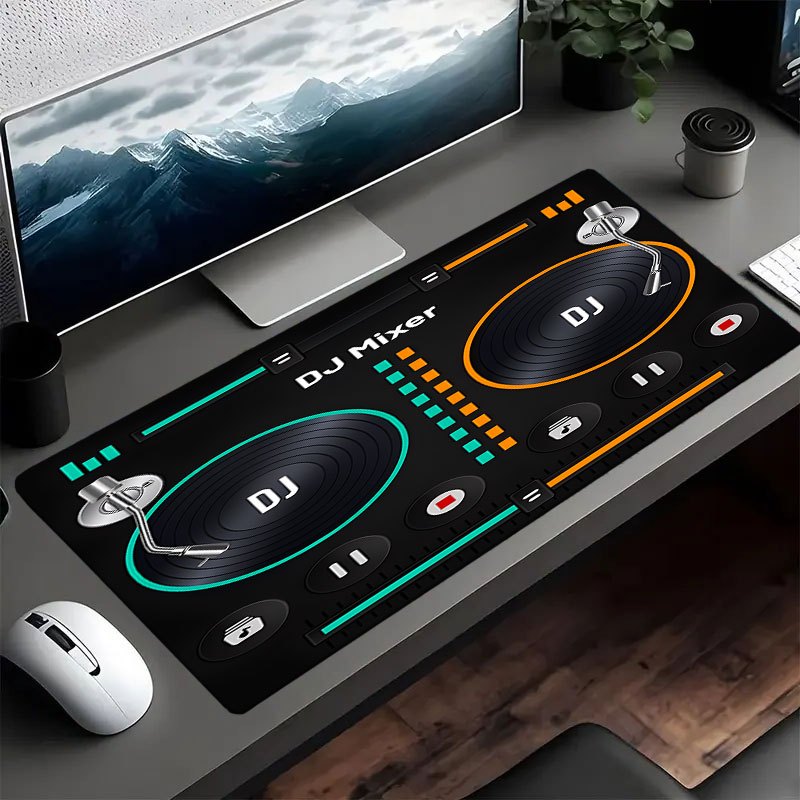 1pc Retro DJ Mixer Desk Mat - Non-Slip Surface, Vintage DJ Setup with Mixer Controls, Neon Green & Orange Accents - Compatible with PC, Computer, Gaming Setup - Perfect Gift for DJs, Gamers, Music Producers - Durable Rubber B