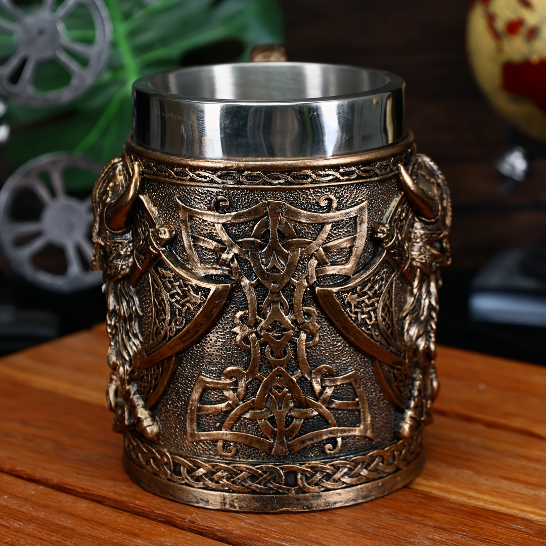 A Viking relief mug, a medieval European Viking beer mug made of stainless steel, with a large capacity of 20.3oz, a powerful Viking warrior coffee cup, a bar specialty cup, and a gift giving for daily life