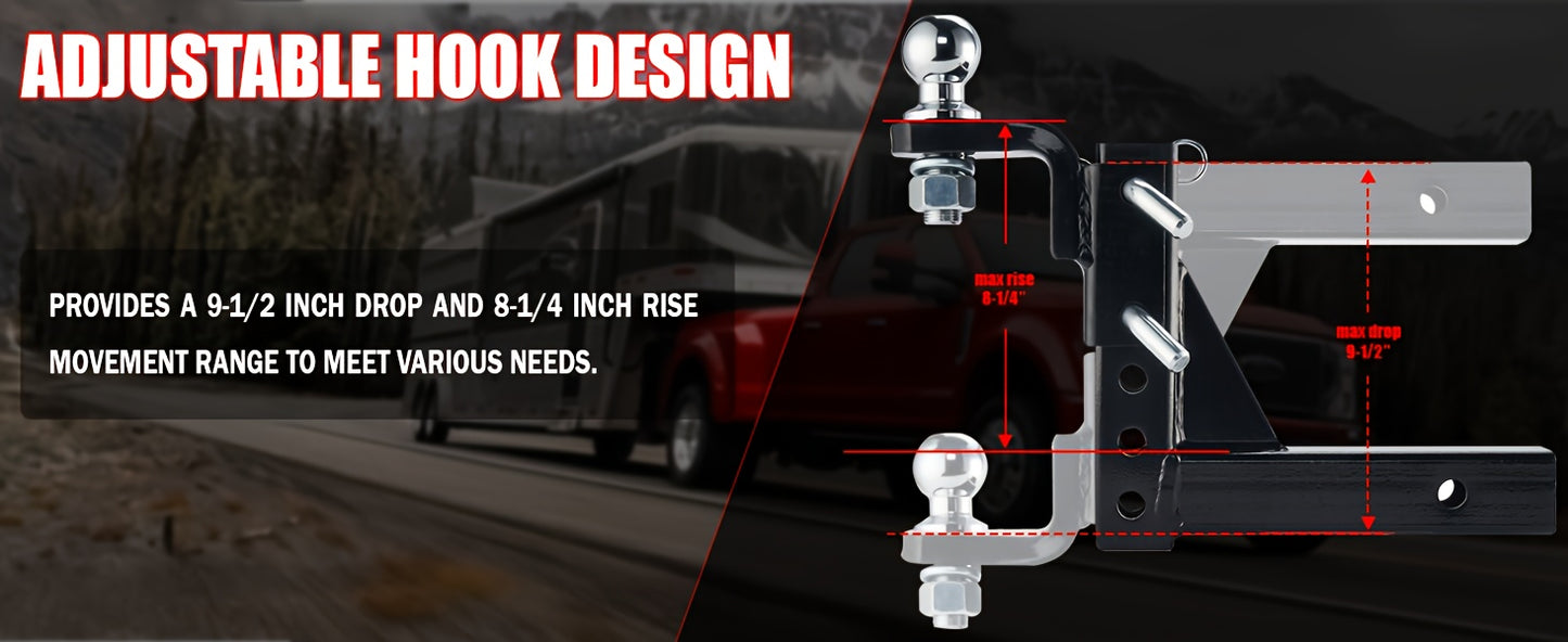 OPENROAD Adjustable Trailer Hitch Ball Mount Fits 2-Inch Receiver, 2" Tow Balls 7500lbs, 9-1/2" Drop/ 8-1/4" Rise Drop Hitch, Tow Hitch for Heavy Duty Truck with Pins And Lock
