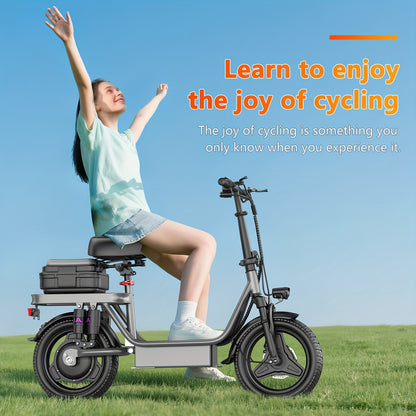Peak Power 740W Adult Electric Scooter with Seat, 48V10/15AH Lithium Battery, 10 Shock Absorption, 14-Inch Tubeless Protective Tires, Dual Disc Brakes