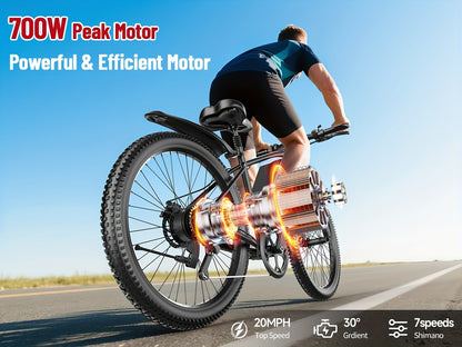 26" Heavy-Duty Adult Electric Mountain Bike with 700W Peak Motor & 36V10Ah Removable Battery - 40-50 Mile Range, 19 MPH High-Speed E-Bike, 7-Speed Gears, Front Suspension, All-Terrain Tires, Sturdy Frame & Disc Brakes - Long-
