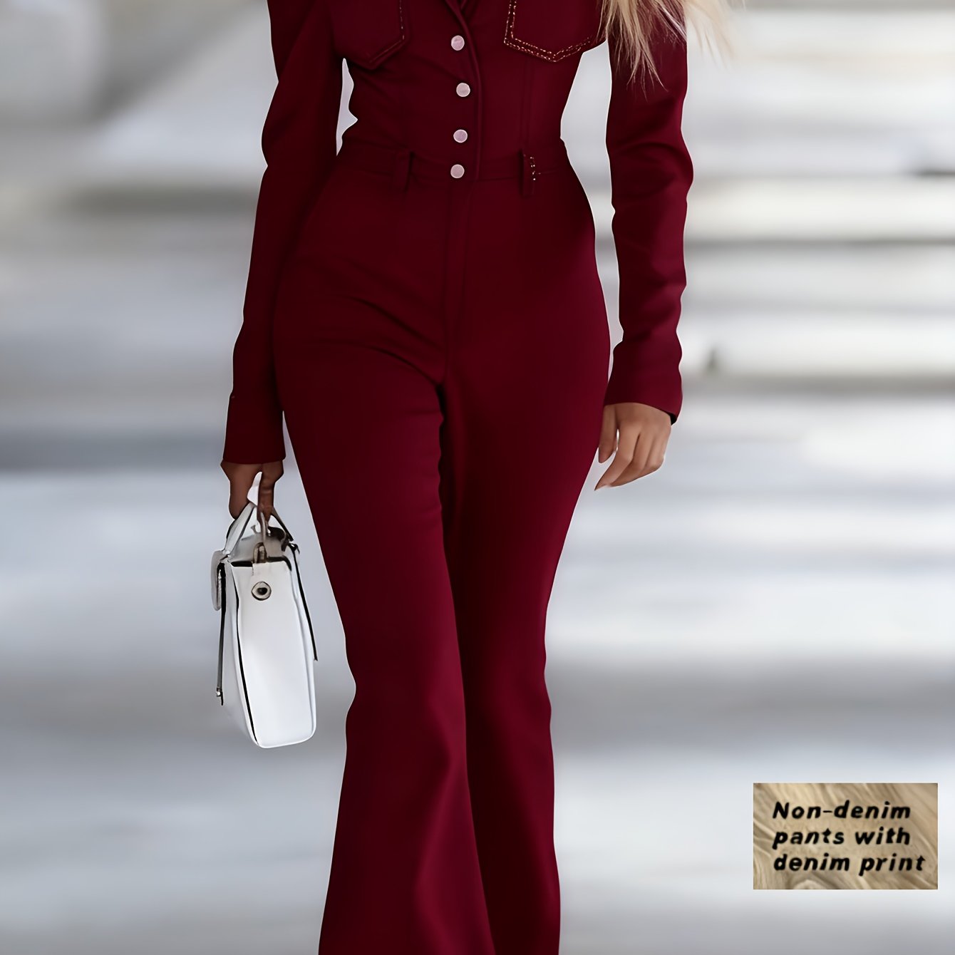 Women'S Fashionable Faux Denim Jumpsuit | Solid Color, Lapel, Off-shoulder, Single-breasted, Long-sleeved, Fitted Top and Slightly Flared Trousers with Pockets | Casual Style, Slight Stretch Fabric, All-Season, SCACTO Brand