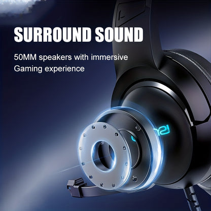 COLUSI C600 Wired Gaming Headset with Hidden-Type Microphone, One Key Mute Over Ear Headphones with 3.5mm Audio Jack RGB Light, Noise Cancelling, Volume Control, Closed-back Design, Compatible With Laptop, Gaming Headset, Lap