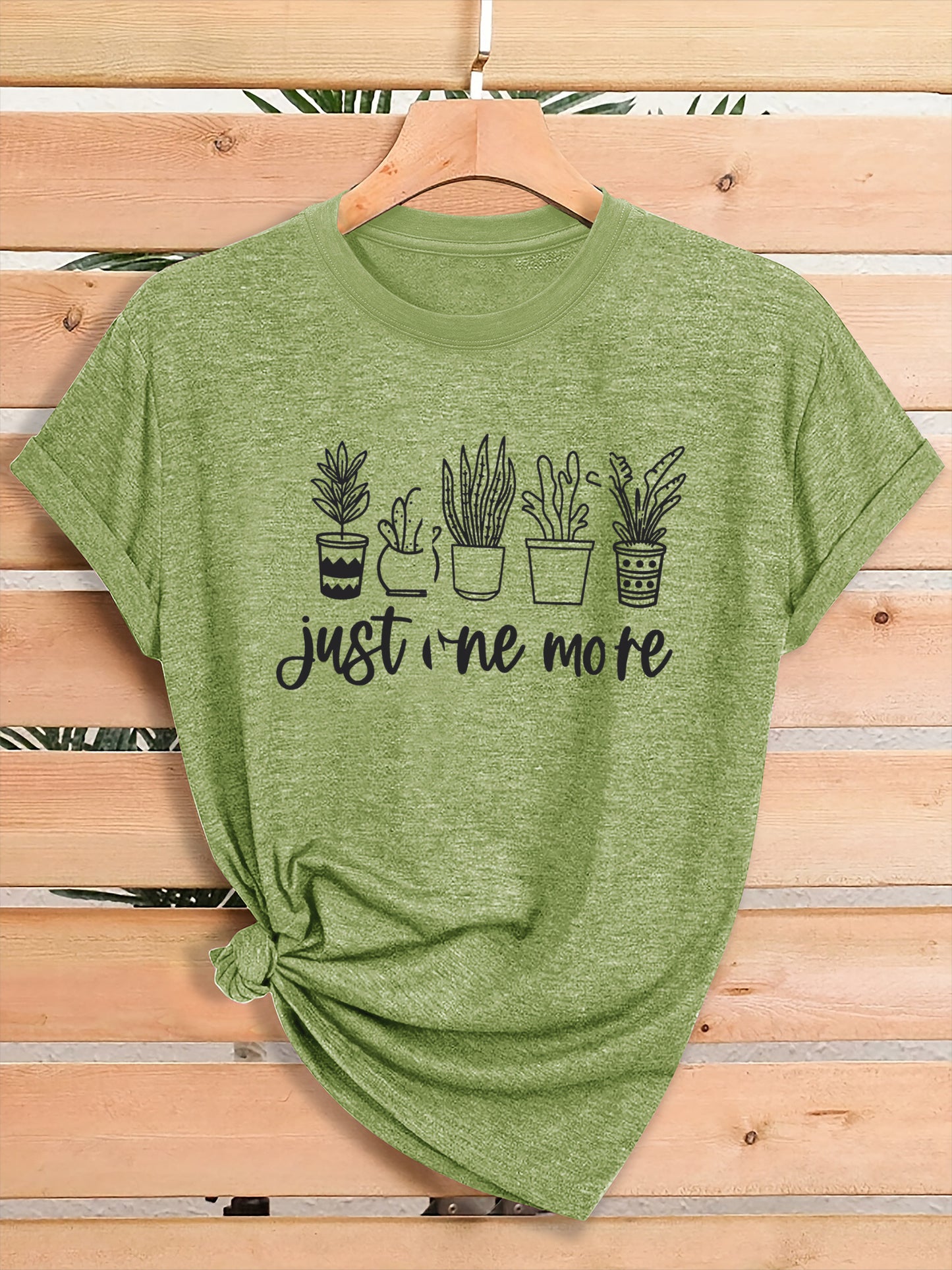 Women'S Green Plant Print T-Shirt with "Just One More" Slogan & Cactus/Succulent Design - Breathable Round Neck Casual Streetwear Top for Gym, Casual Attire, All-Season Comfort - Funny Botanical Graphic Tee for Plant Lovers,