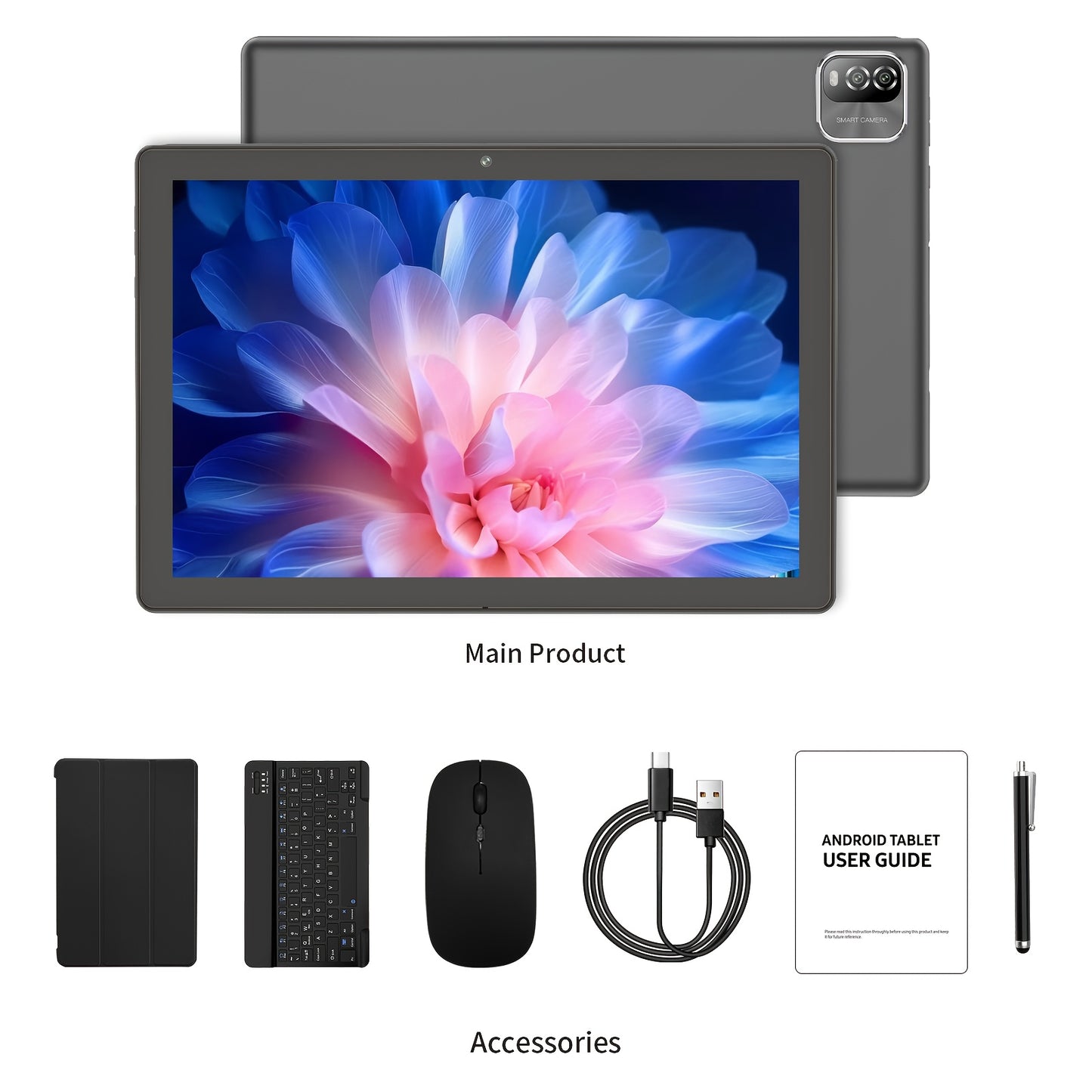 PRITOM 10.1 Inch Android 15 Tablet, 2-In-1 Tablet (Including Keyboard, Mouse, Protective Case, Stylus And Data Cable), 12GB (3GB + 9GB Expandable) RAM, 64GB Storage, Supports Up to 1TB Storage Expansion, 8MP Camera, Dual-Band