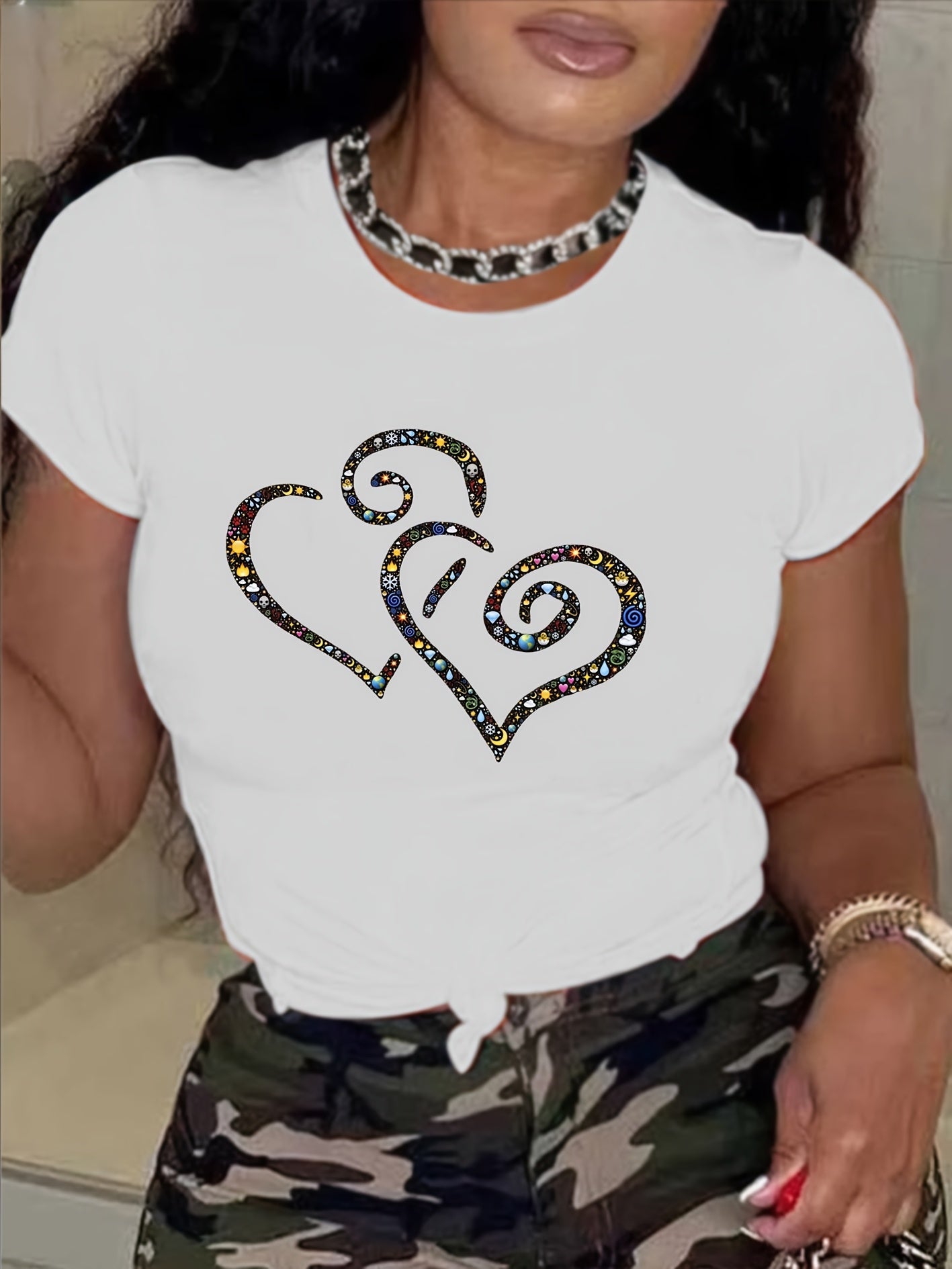 Women's Casual Short Sleeve T-Shirt with Rhinestone-Embellished Heart Print - Round Neck Relaxed Fit, Medium Stretch Fabric, Machine Washable, All-Season Versatile Top for Casual Attire & Vacations (S-XXL, Multi-Color Options