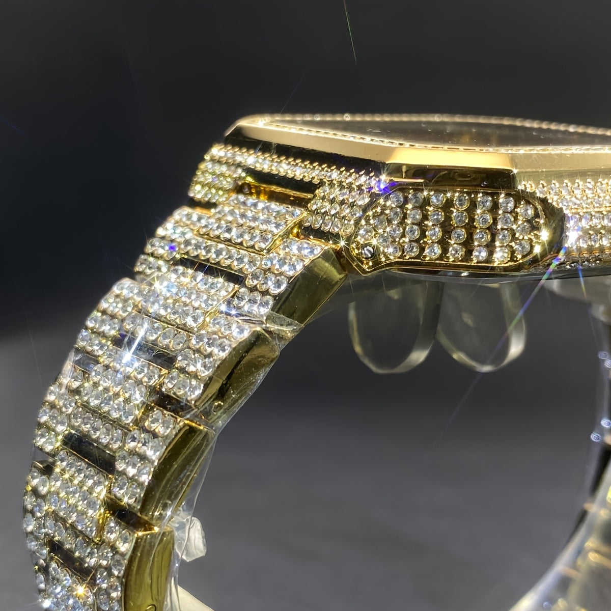 MISSFOX Men'S Luxury Rhinestones-Encrusted Golden-Tone Square Watch with Date Calendar, High Quality IP65, Quartz Movement, Sparkling Bezel & -Accented Dial - Elegant Analog Watch for Casual & Formal Wear, Party Accessory, Ba