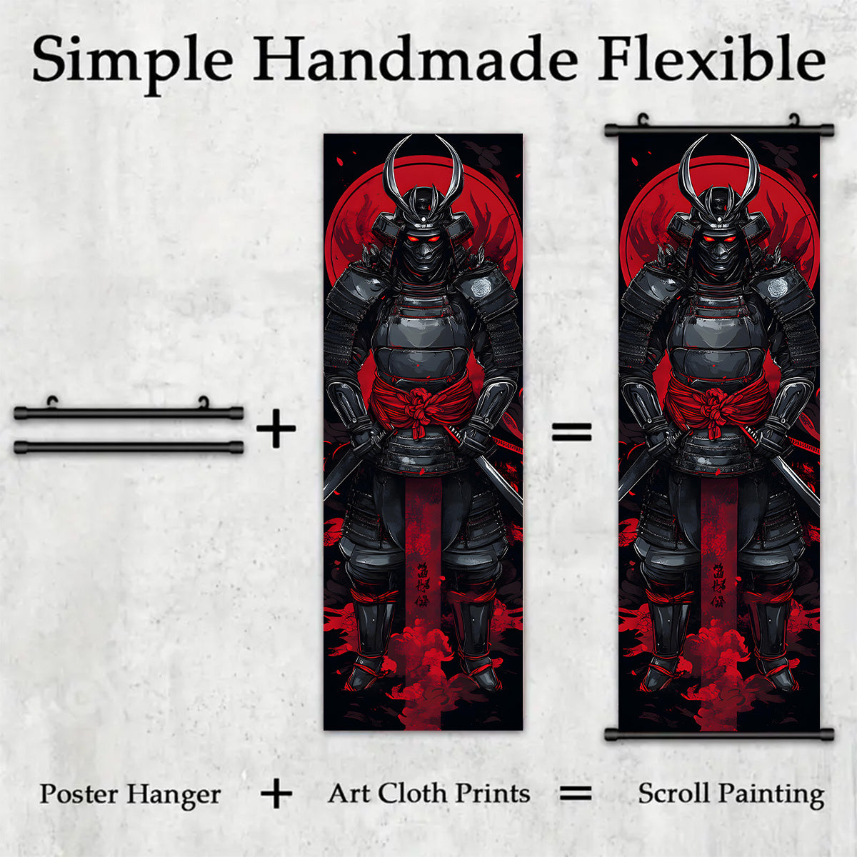 Black and Red 3pcs Set of Japanese Samurai Battle Scroll/Hanging Scrolls, Oriental Classical Style Decorative Art with Armor & Weapon Elements, Symmetrical Composition and Metal Ornament Details, Suitable for Living Room, Tea