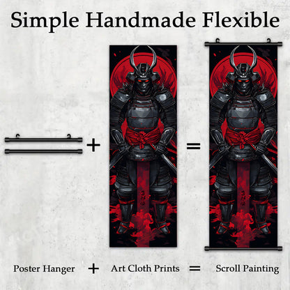 Black and Red 3pcs Set of Japanese Samurai Battle Scroll/Hanging Scrolls, Oriental Classical Style Decorative Art with Armor & Weapon Elements, Symmetrical Composition and Metal Ornament Details, Suitable for Living Room, Tea