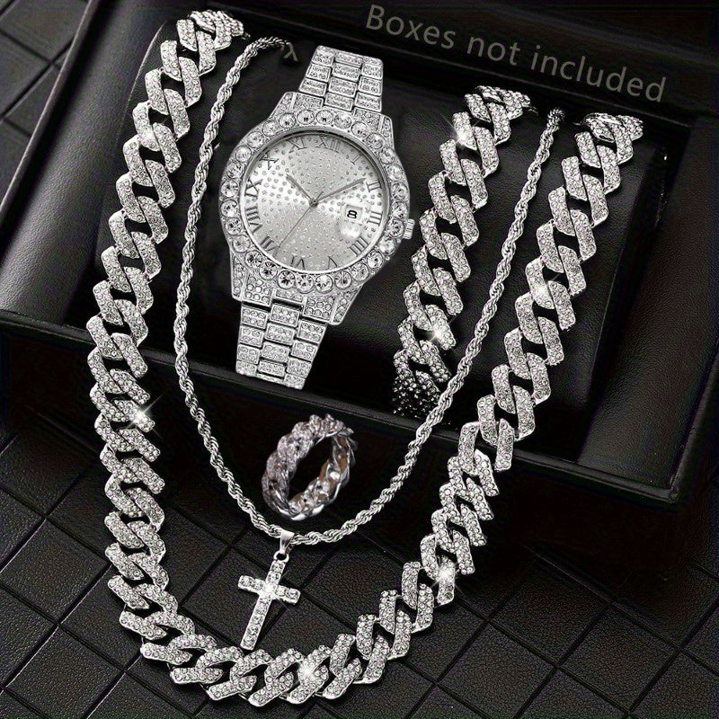 5pcs Hip Hop Men Watch Cuban Link Chain Set 15mm Necklace +Watch+Bracelet+Ring Creative Iced Out Stylish Jewelry For Women Men -The Perfect Gift For Father'S Day, Valentine'S Day, Easter, Birthdays, Christmas Gift