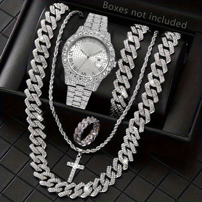 5pcs Hip Hop Men Watch Cuban Link Chain Set 15mm Necklace +Watch+Bracelet+Ring Creative Iced Out Stylish Jewelry For Women Men -The Perfect Gift For Father'S Day, Valentine'S Day, Easter, Birthdays, Christmas Gift