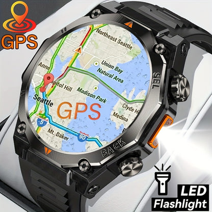 COIUSOR Men'S GPS Smartwatch with Built-in LED Flashlight & Compass, 1.46" AMOLED HD Display, IP68 Waterproof, Battery, 100+ Modes, IP68 Rugged Design, Fitness Tracker