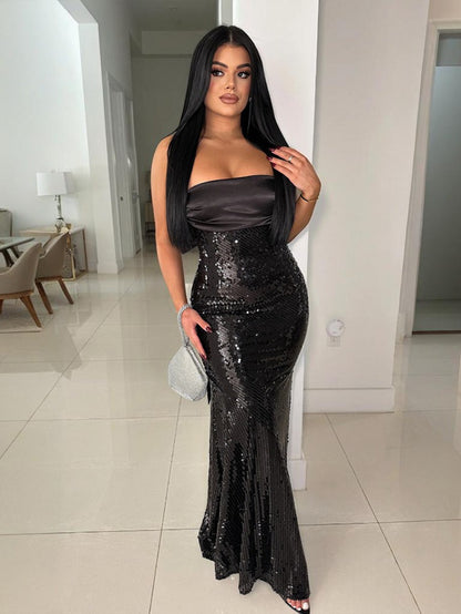 Plus Size, Plus Size Women's Elegant Mermaid/Fishtail Evening Gown - Strapless Sparkling Sequin -Neck Wedding Prom Dress with Asymmetrical train, Long Mermaid/Fishtail Tail, Machine Washable (No Bust Padding/Alterations) Suit