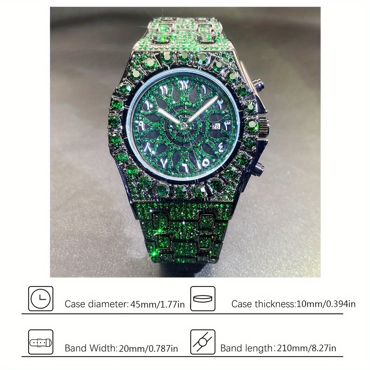 Men's Hip-hop Watch, Dating Party Men's Watch, Large Dial Green Ice Rhinestone, Luminous Pointer Clock, Men's Luxury Gift