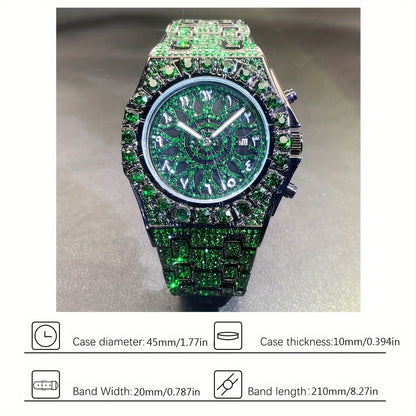 Men's Hip-hop Watch, Dating Party Men's Watch, Large Dial Green Ice Rhinestone, Luminous Pointer Clock, Men's Luxury Gift