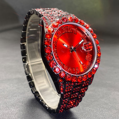 Ice Rhinestone Fashion Couple Watch Ice Blue Artificial Diamond Calendar Quartz Men'S Watch Party Women'S Watch Gift