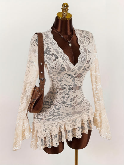 Bohemian Style - Low-Cut Mini Dress - with Sheer Fabric