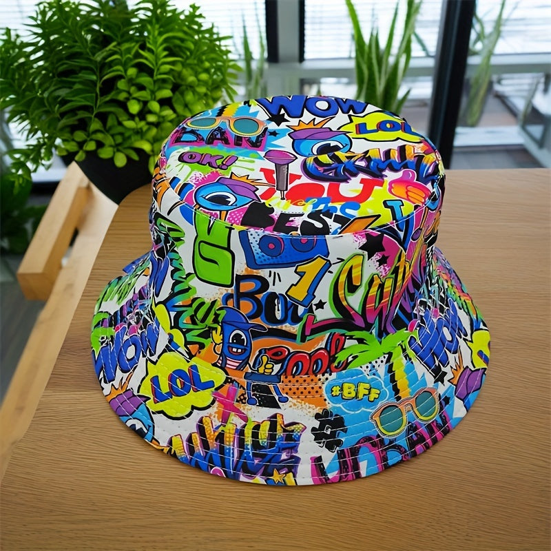 Bucket Hat - Unisex - Graffiti Print - Reversible Closure - Hand Washable - 100% Polyester Lightweight Fabric - Tie-Dye Pattern - Handmade Printing - All-Season Outdoor Fashion Accessory - For New Year Celebration
