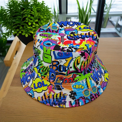 Bucket Hat - Unisex - Graffiti Print - Reversible Closure - Hand Washable - 100% Polyester Lightweight Fabric - Tie-Dye Pattern - Handmade Printing - All-Season Outdoor Fashion Accessory - For New Year Celebration