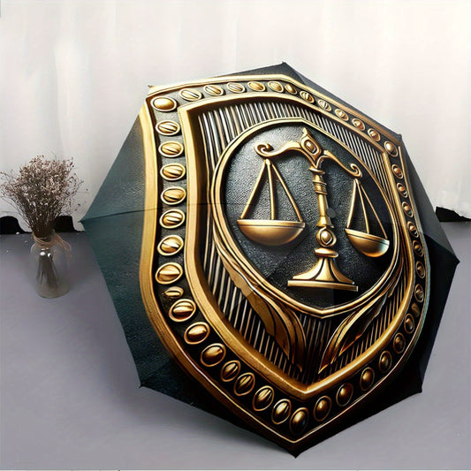 Automatic Folding Umbrella Golden scales of justice emblem. Portable collapsible design, casual outdoor accessory, for all seasons, Christmas birthday festival gift