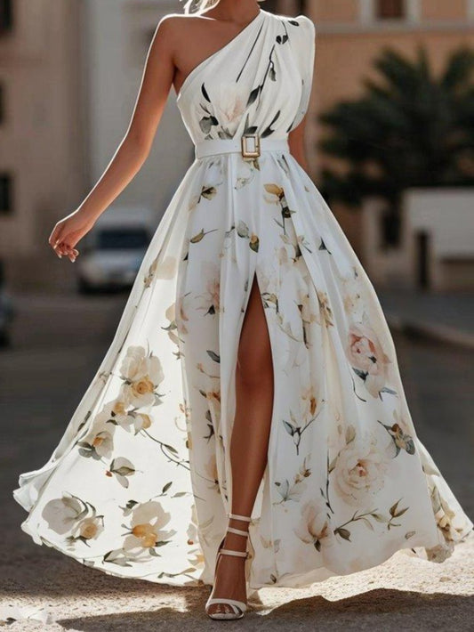 Plus Size, HERTALK Women's Off-Shoulder Digital Print Sleeveless Tank Dress with Belt Long Dress