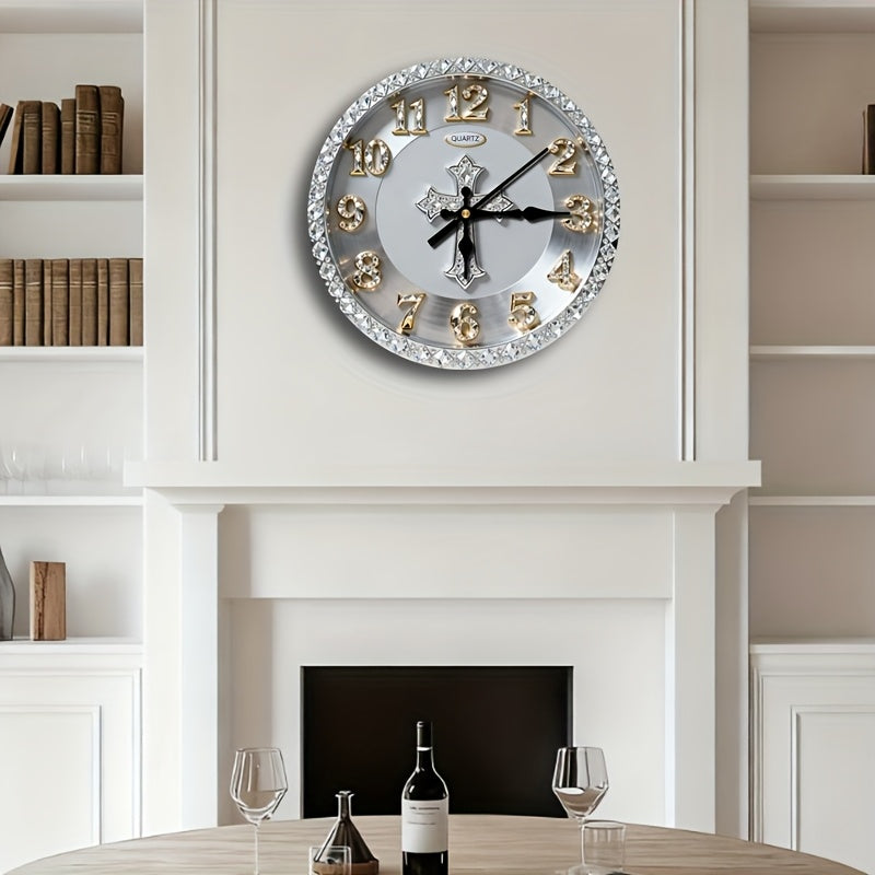 1pc 2D plane wall-mounted clock decoration, 10/12inch The silver circular wall clock has no diamonds word wooden circular wall-mounted clock, wooden circular decorative clock with digital display, suitable for home decoration