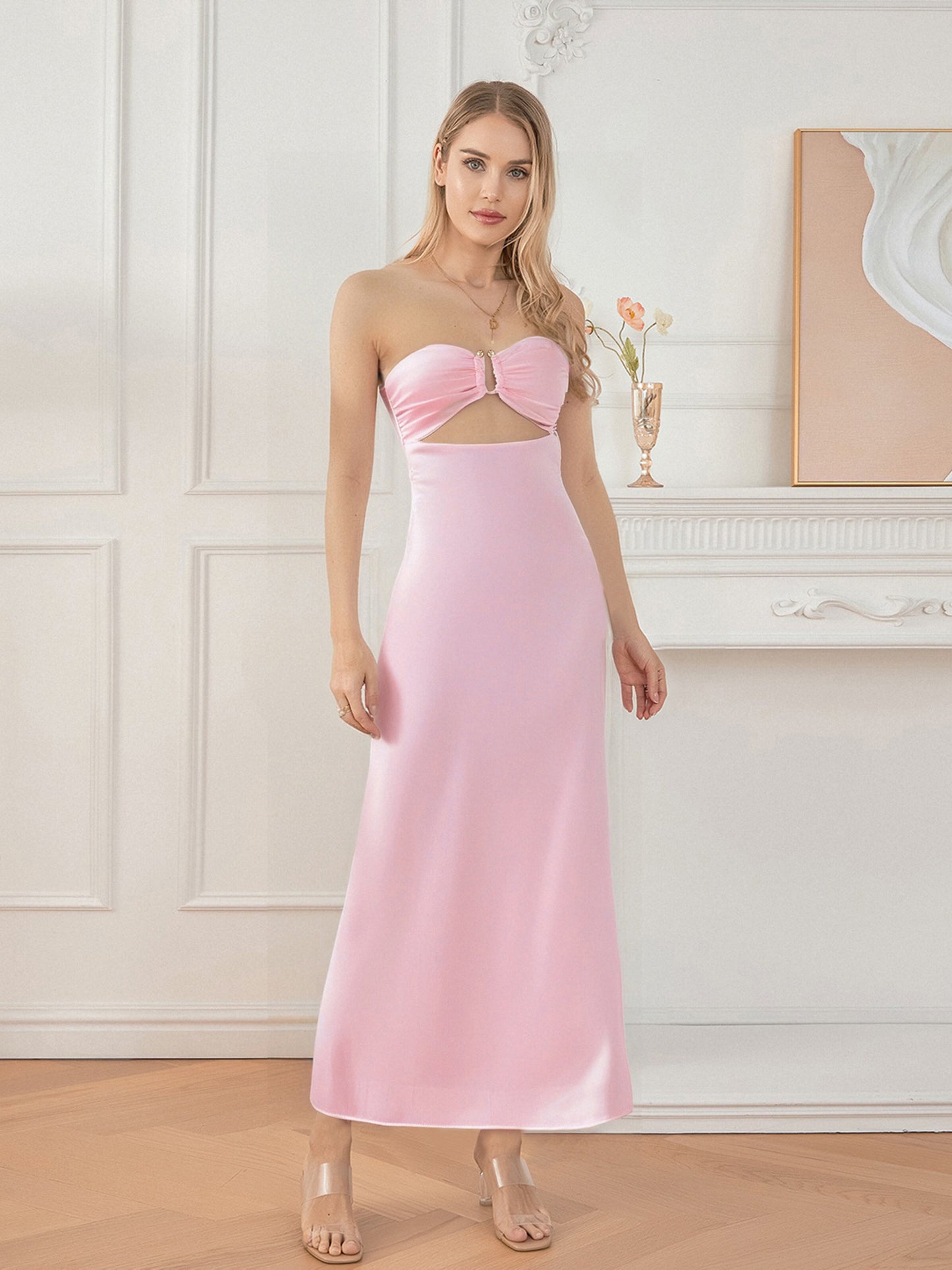 Women's Elegant Strapless/One-Shoulder Hollow Out Floral Print or Solid Pink Tube Bodycon Maxi Dress with Bow Tie Back - Mermaid Silhouette Long Formal Evening Party Wedding Dress, Hand Washable Summer Dress for Women, Stylis