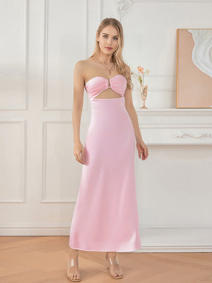 Women's Elegant Strapless/One-Shoulder Hollow Out Floral Print or Solid Pink Tube Bodycon Maxi Dress with Bow Tie Back - Mermaid Silhouette Long Formal Evening Party Wedding Dress, Hand Washable Summer Dress for Women, Stylis