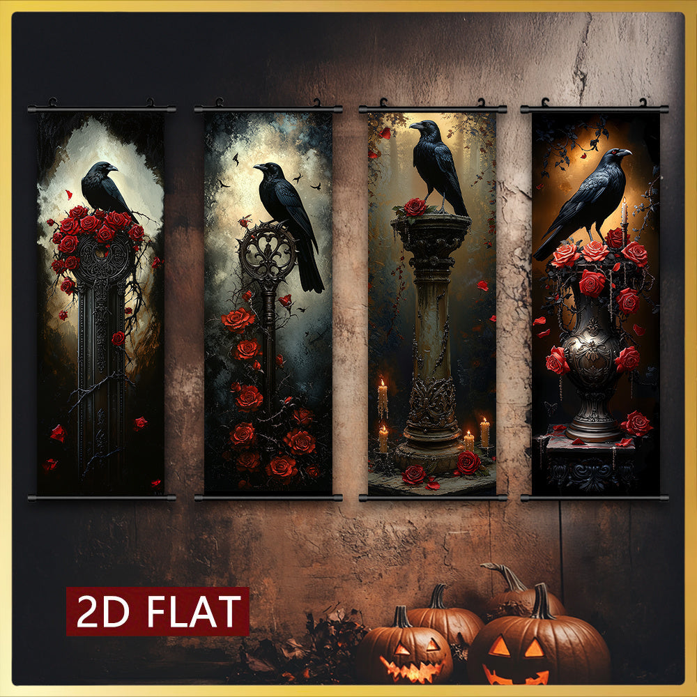 2D Flat, 2D/FLAT 4pcs Dark Gothic Style Hanging Wall Art Set, Raven and Rose Decorative Paintings - Odourless & Fade-Resistant Halloween Décor for Entryway Basement Bedroom Living Room to Add a Mysterious Ambiance, Halloween