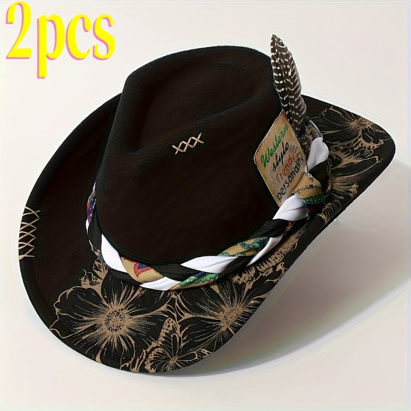 2pcs Men's Cowboy Hat & Headscarf Belt Set - Neutral Western Hat with Classic Scarf, for shows, Rodeo, Themed Parties, Photo Shoots - Durable & Comfortable Gift for Cowboy (Ideal for travel, Holiday Events) - 2pcs Set