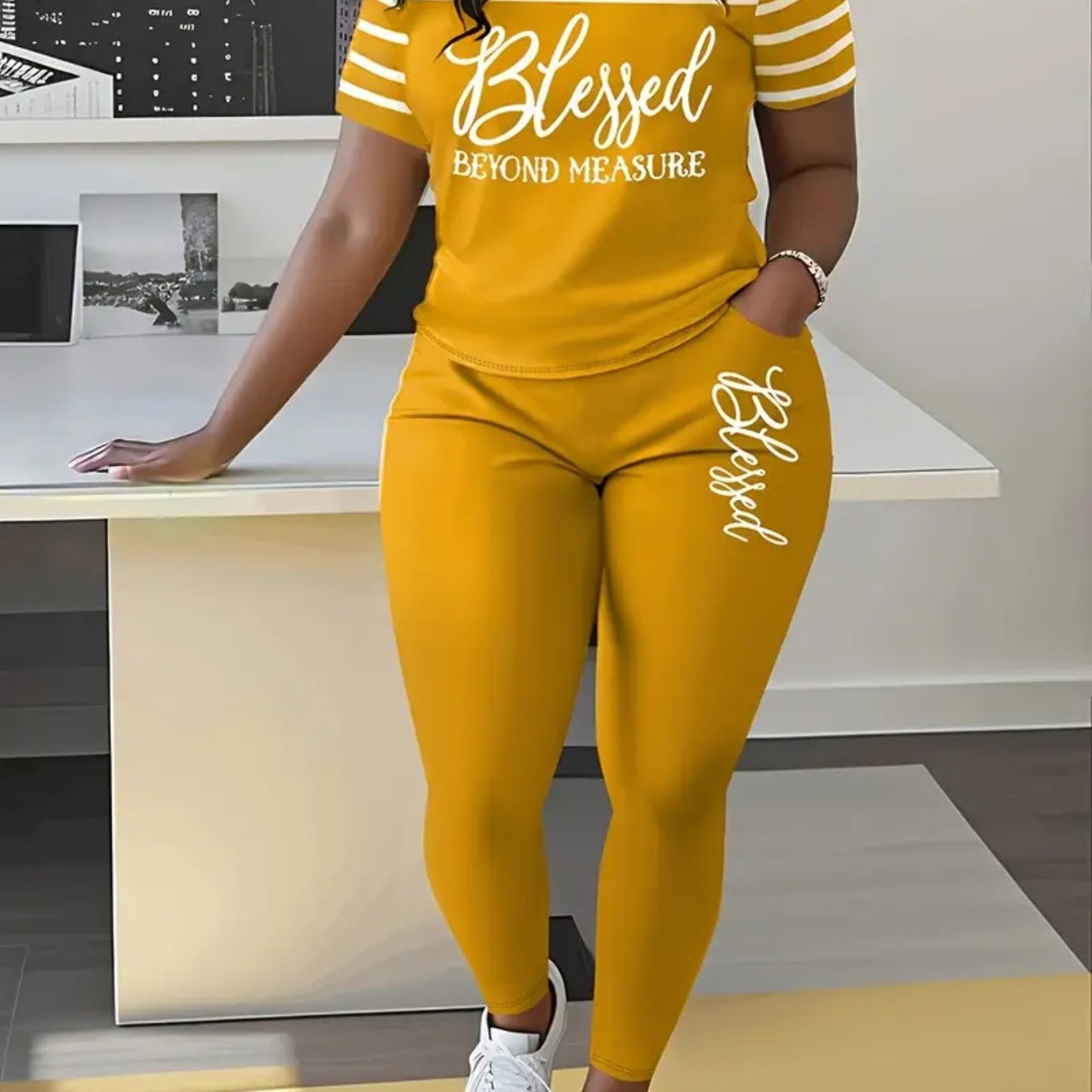 Women'S Casual Short Sleeve Long Pants Set, Fashionable Striped Blessing Print with Pockets