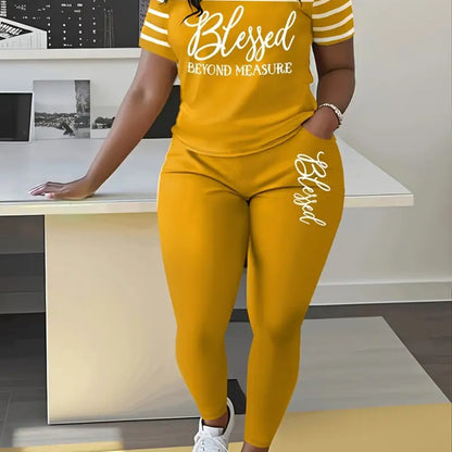 Women'S Casual Short Sleeve Long Pants Set, Fashionable Striped Blessing Print with Pockets