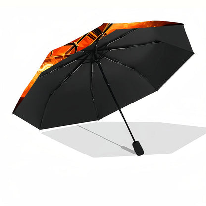 Personalized Drumset in Flames Music-Themed Umbrella with Name/Text - Automatic Open/Close, 8-Rib Durable Design, Compact Folding Umbrella for Drummers, Musicians - Ideal Birthday/Holiday Gift ( Band Style, Black & Golden Dru
