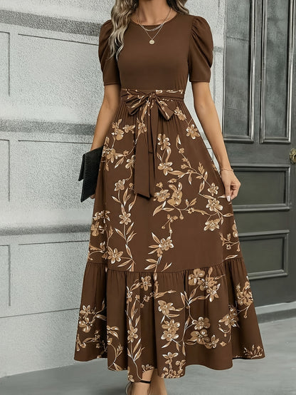 Women'S Floral Cinched-Waist Casual Long Dress, Suitable for Light Business Gatherings | Weekend Afternoon Tea And Similar Occasions, Elegant And Refined.