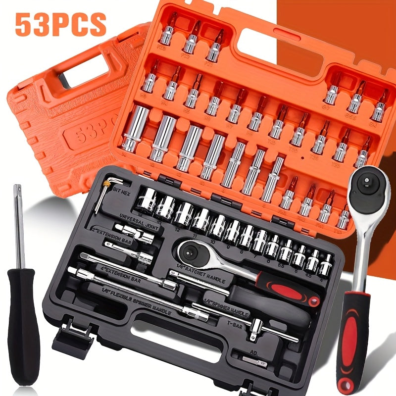 A Collection of 53 Mechanical Tool Kits, Including 1/2" And 1/4" Drive Depth And Standard Sockets, Ergonomic Handles, Ratchet Wrenches, Tools for Automotive And Bicycle Repairs, As Well As Household Maintenance Tools.