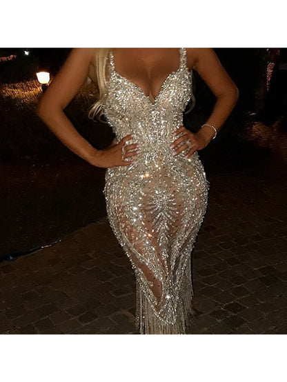 Women's Sparkling Sequin Off-the-Shoulder/-Shoulder Bodycon Dress - Long Sleeve Deep Evening Gown with Geometric Sequin Pattern, Machine Washable Wedding Prom Dress