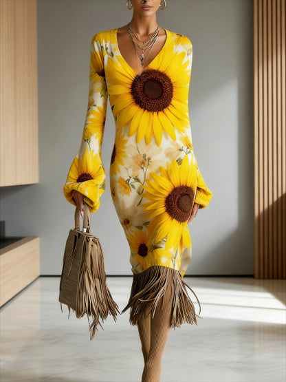 Cross-border New Autumn And Winter Sweater Dress, Floral Flower Printing, Sexy V-neck Long-sleeved Design, Fringed Hem Embellishment, Warm And Thin Temperament Commuter Bottom Dress