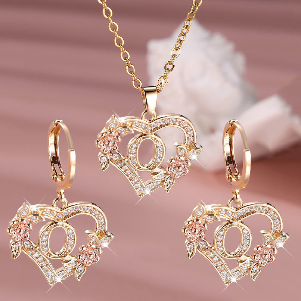 3pcs Women's Initial Jewelry Set - Heart-Shaped Interlocking Link Necklace & Earrings with 26-Letter Monogram, Elegant Golden-Tone -Accented Letters, Dainty Everyday Gift for Mother's Day, Graduation, Birthdays (Pink & Clear