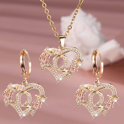 3pcs Women's Initial Jewelry Set - Heart-Shaped Interlocking Link Necklace & Earrings with 26-Letter Monogram, Elegant Golden-Tone -Accented Letters, Dainty Everyday Gift for Mother's Day, Graduation, Birthdays (Pink & Clear