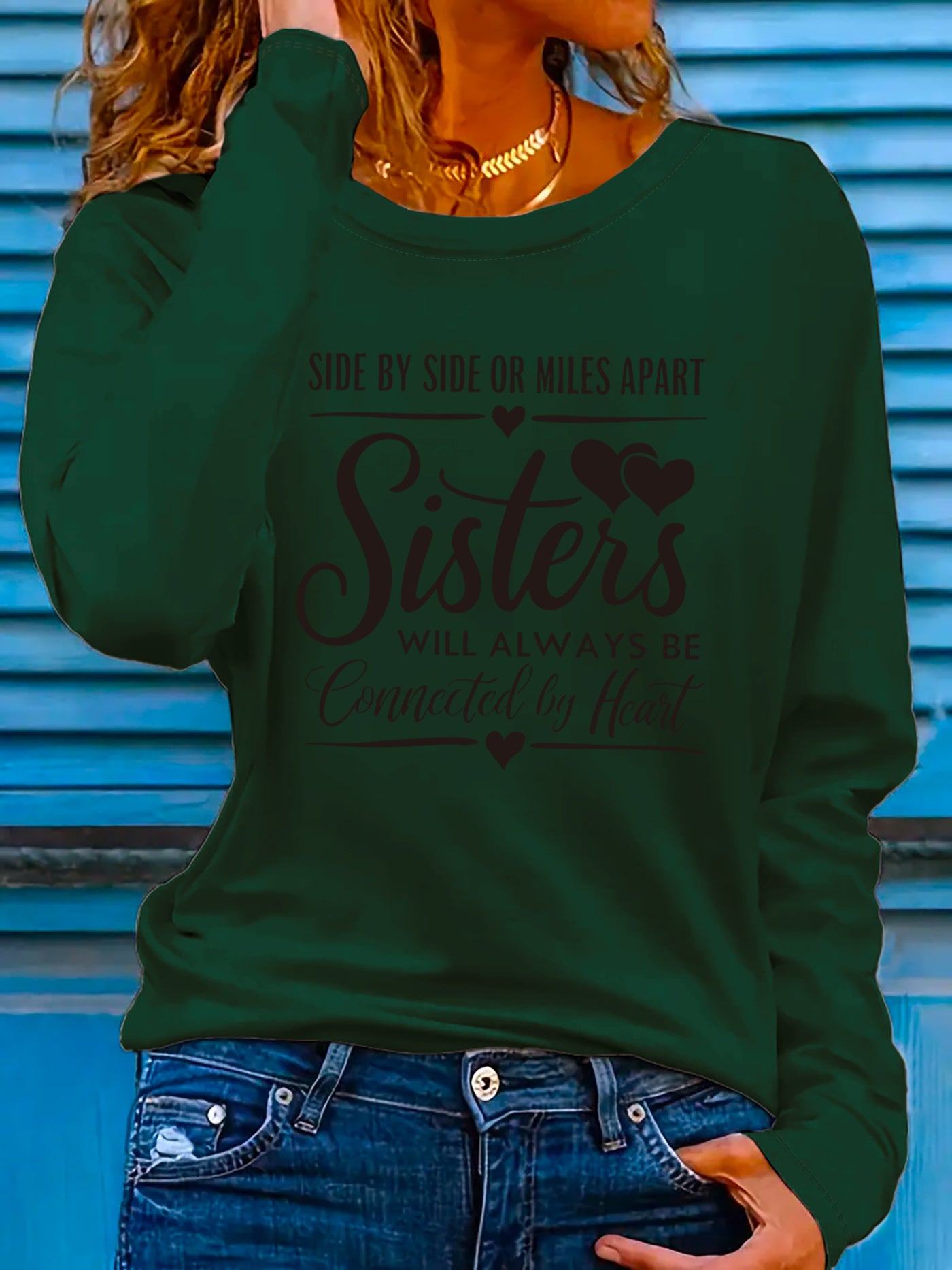 Women'S "Side by Side or Miles Apart Sisters Will Always Be Connected by Heart" Graphic Long Sleeve T-Shirt - Casual Crew Neck, Spring/Summer Holiday Top, Machine Washable, Casual Wear | Heartfelt Design | Comfortable Fit, Si