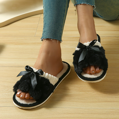 Women's Plush Fleece Slip-On Slippers with Bow Detail - All-Season Indoor House Shoes, Soft EVA Sole for Comfort & Quiet, Cozy Home Slippers in Black/White/Green/Beige/Pink/Grey, Cute Slippers