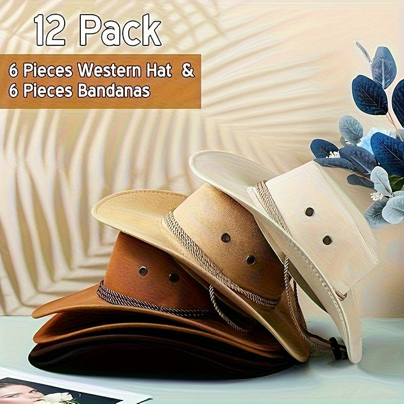 12pcs set (6 cowboy hats+6 headscarves) combo bag - brown western party hat, durable cowboy hat, suitable for birthdays, Halloween, cowboy sports performances, western theme decoration - unisex denim accessories,, Halloween C