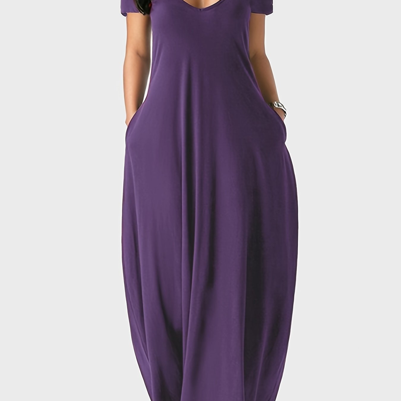 Solid Simple Dress, Casual Short Sleeve Maxi Dress With Pockets, Women's Clothing