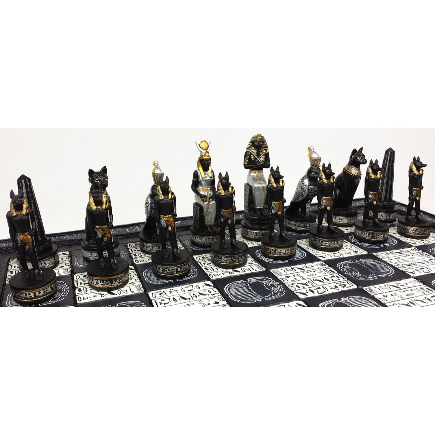 Egyptian Anubis Black Silver and Gold Chess Set w/ 16" Hieroglyphics Board – Top Trending Chess Set, Best Seller, Limited Stock, Fast Shipping, Popular Choice, Must-Have, Top Rated, Customer Favorite, Top Hot Seller, Perfec