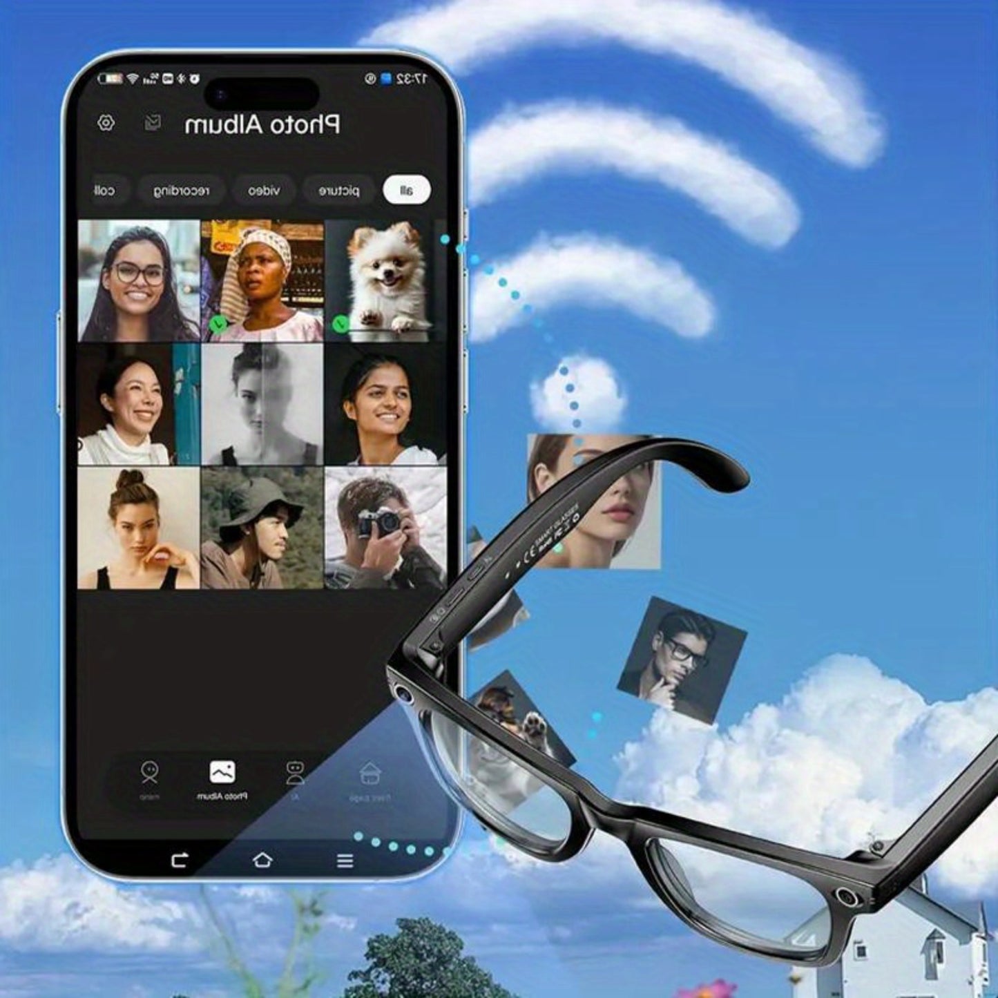 1080P Smart AI Camera Glasses with AI- Translation & Wireless Voice Calls, Interchangeable Lenses, Wireless Smart Glasses, HD Recording, One-Touch Button for Men/Women, /, Smartphone-Free Calling (Global Travel, Camera Stand